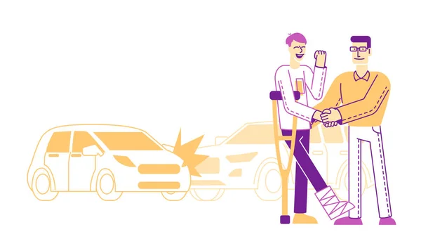 Begreppet olycksfallsförsäkring. Agent Shaking Hand to Client Stand på Crutches framför Broken Cars Smash on Road. Hälsoskydd Finansiell garanti Kontrakt tecknad platt vektor Illustration, linje Art — Stock vektor