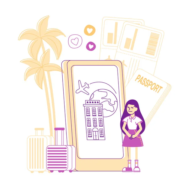 Menina ficar perto enorme Smartphone com aplicação turística na tela, mala, bilhetes de avião e palmeiras ao redor. Viajando com Crianças Conceito Desenhos Animados Plano Vetor Ilustração, Line Art — Vetor de Stock