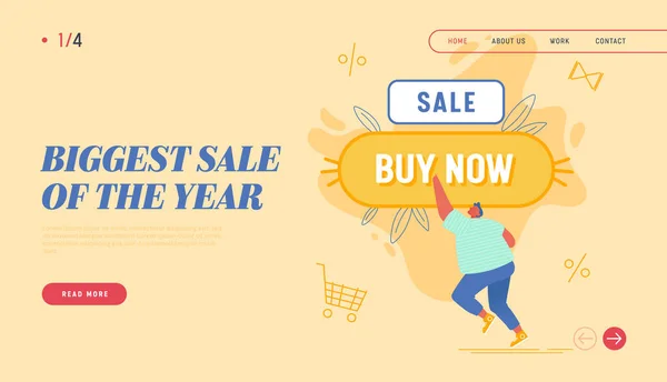 Verkauf, Discount Offer in Store, Promotion, Online Purchase E-Commerce Business Website Landing Page. Mann drückt riesige Taste mit Buy Now Text Web Page Banner. Cartoon Flat Vector Illustration — Stockvektor