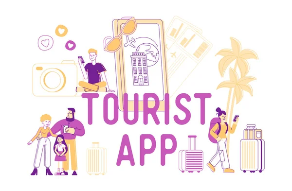 Tourists App Concept. People Go Travel Booking Tickets Using Mobile Phone. Passengers with Luggage at Huge Cellphone with Trip Application Poster Banner Flyer Brochure Cartoon Flat Vector Illustration — Stock Vector