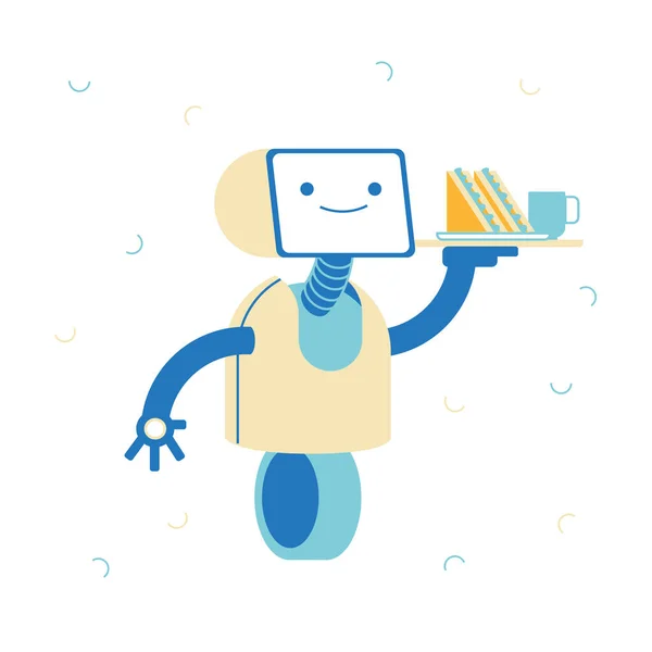 Робот-сервіс, штучний інтелект концепції. Ai Waiter Character, робототехнічний помічник обслуговуючий клієнти в кафе або ресторані. Посміхнися з сендвічем і чашею на Трейї. Linear Vector Illustration — стоковий вектор