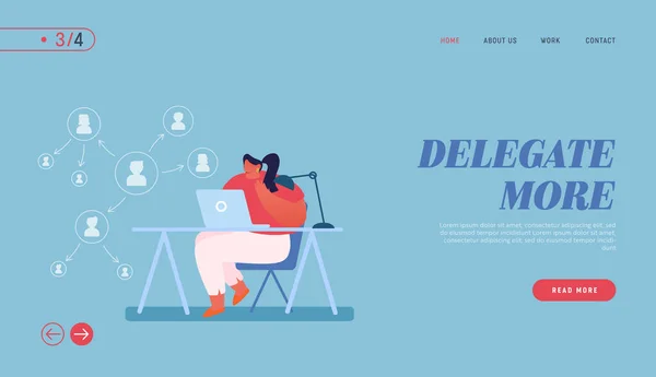 Delegatie van de autoriteit en verantwoordelijkheden voor de landing Page Template. Productieve Business Woman Karakter Werken op Laptop met pijl regeling van het delegeren van workflow taken. Cartoon Vector Illustratie — Stockvector