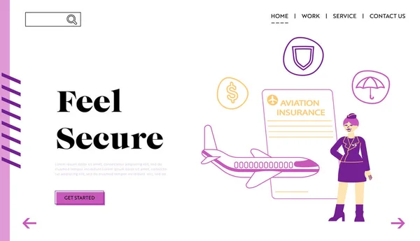 Plantilla de landing page de seguro de aviación. Carácter de azafata Párese cerca de Paper Policy Document y Flying Airplane. Contrato de Garantía Financiera de Viajes Aéreos, Seguro. Ilustración de vectores lineales — Vector de stock