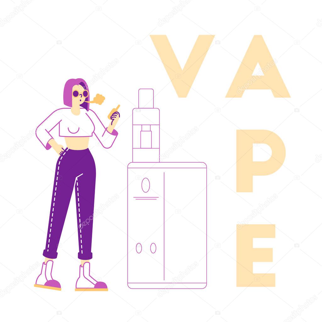 Vaping Activity Concept. Young Woman Character Stand near Huge Electronics Cigarette Enjoying Vape Smoking. Bad Habit, Hipster Lifestyle, Smoking Girl Poster Banner Flyer. Linear Vector Illustration