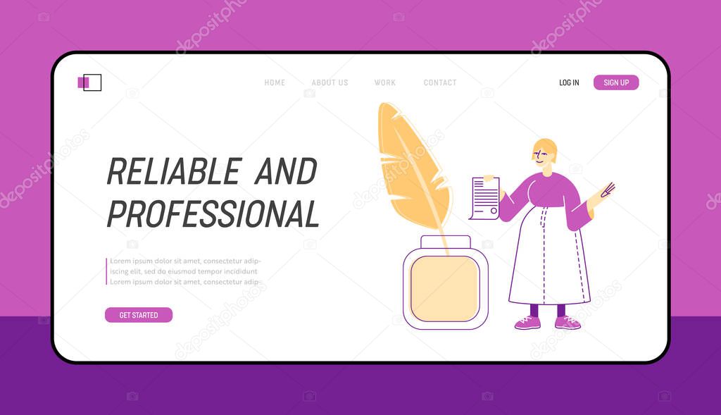 Attorney Professional Service, Notarized Documentation Landing Page Template. Woman Notary or Lawyer Character with Stamped Paper Document at Huge Inkwell with Feather Pen. Linear Vector Illustration