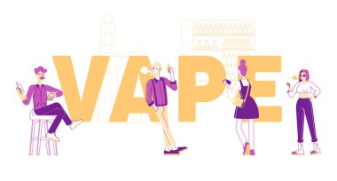 Vape Shop ve Sigara Bağımlılığı Konsepti. Şehirli Hippiler Erkek Karakterleri Vaping, Nikotin Tütünü, E-Sigara Üretim Poster Pilotu. Doğrusal İnsanlar Vektör İllüstrasyonu