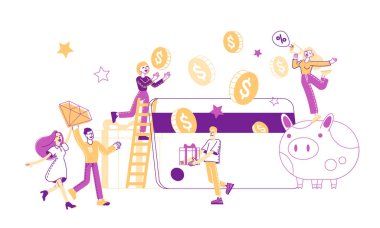 İnsanlar Bonus Kart, Sadakat Programı Konseptini Kullanıyor. Minik Karakterler 'de Büyük Altın Paralar, Gelir Ödülü, Redeem Hediye ve Perks var. Dev Domuz Kumbarasında Parlak ve Hediye Kutuları. Doğrusal Vektör İllüstrasyonu