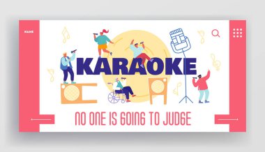 İnsanlar Karaoke Kulübü İniş Sayfası Şablonu Konseptinde Şarkı Söylüyor. Erkek ve Kadın Karakterler Sahnede Mikrofon ve Dinamik ile Şarkı Söylüyor. Tatil ve dinlenme zamanı. Çizgi film Vektör İllüstrasyonu