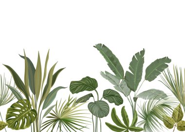 Beyaz Arkaplanda Yeşil Orman Yapraklı Kusursuz Tropikal Çiçek Baskısı. Yağmur Ormanları Duvar Kağıdı Şablonu, Doğa Tekstil Süslemesi, Philodendron Canavarı Çiçek Vektör Çizimi