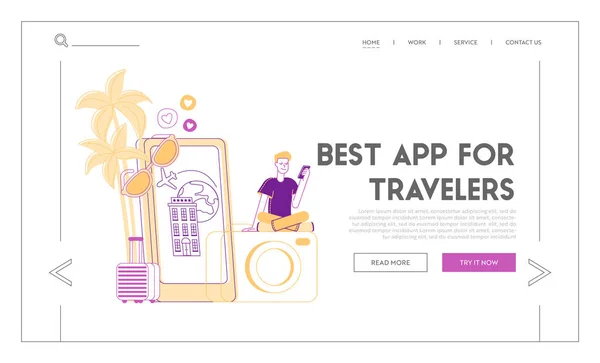 角色使用游客应用程序登陆页面模板。使用智能手机申请预订酒店或预订机票的年轻男子旅客在线坐在相机上。线形矢量说明 — 图库矢量图片