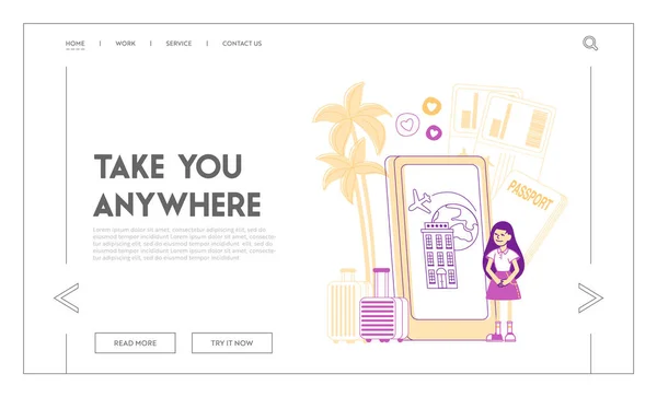 Reizen met Kids Landing Page Template. Little Girl Character Stand near Enorme Smartphone with Tourist Application on Screen, Suitcase, Airplane Tickets and Palm Trees. Lineaire vectorillustratie — Stockvector