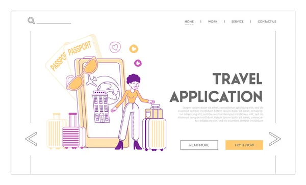 旅行应用，技术在生活中登陆页面模板。女性旅行者角色使用手机应用程序搜索路线、位置、预订酒店和机票。线形矢量说明 — 图库矢量图片