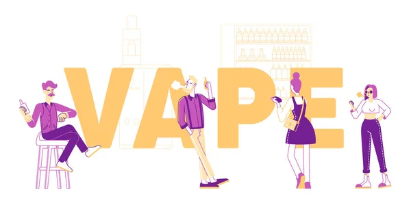 Vape Shop Business en rookverslaving Concept. Urban Hipsters Man Vrouwelijke Karakters Genieten van Vaping, Nicotine Tabak, E-Sigaret Productie Affiche Banner Flyer. Lineaire People Vector Illustratie — Stockvector