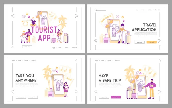 Online Application for Tourism and Traveling Landing Page Template Set. Pessoas que usam o serviço de aplicativos móveis para reservar Hotel, Escolha Rota, Personagens minúsculos em enorme Smartphone. Ilustração Linear do Vetor — Vetor de Stock