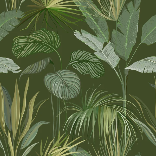 Sömlös tropisk botanisk bakgrund, blommig tapet Skriv ut med exotiska Philodendron Monstera djungelblad, regnskog växter, natur prydnad för textil eller omslagspapper. Vektor Illustration — Stock vektor