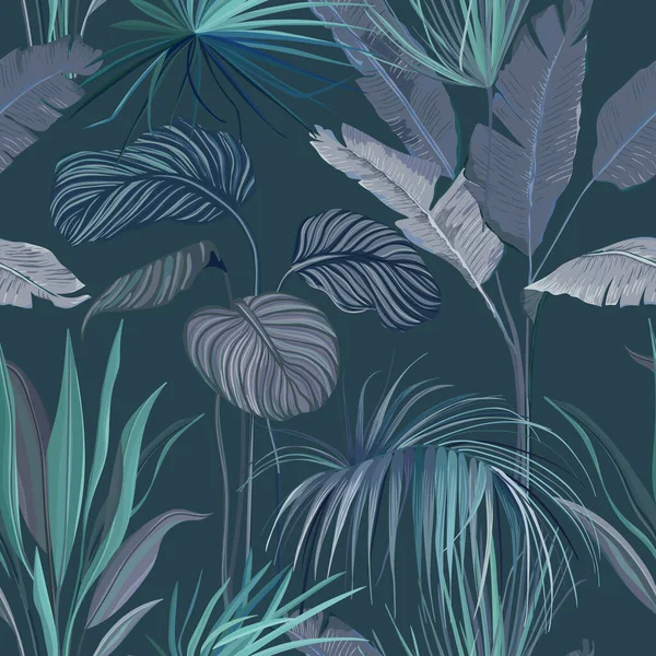 エキゾチックなジャングルの葉、熱帯雨林植物、繊維や包装紙の装飾的な夏のオーチャードパターンのための自然オーナメントとシームレスな熱帯の背景、花の壁紙プリント。ベクターイラスト — ストックベクタ