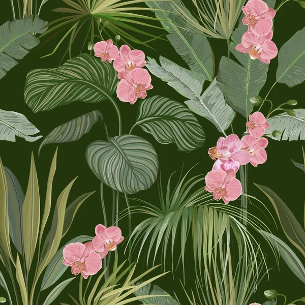 Seamless Floral Tropical Print with Exotic Flowers and Orchid Blossoms, Nature Ornament for Textile or Wrapping Paper (dalam bahasa Inggris). Dedaunan Hutan di Deep Green Background, Rainforest Plants. Ilustrasi Vektor - Stok Vektor