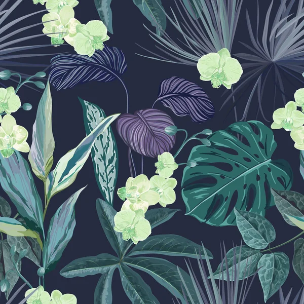Philodendron ve Monstera Yağmur Ormanı Bitkileri ile Kusursuz Tropikal Arkaplan, Egzotik Orkide Çiçekleri ile Çiçek Duvar Kağıdı Baskısı, Gece Ormanı Çiçekleri ve Yaprakları, Doğa Süslemesi. Vektör İllüstrasyonu — Stok Vektör