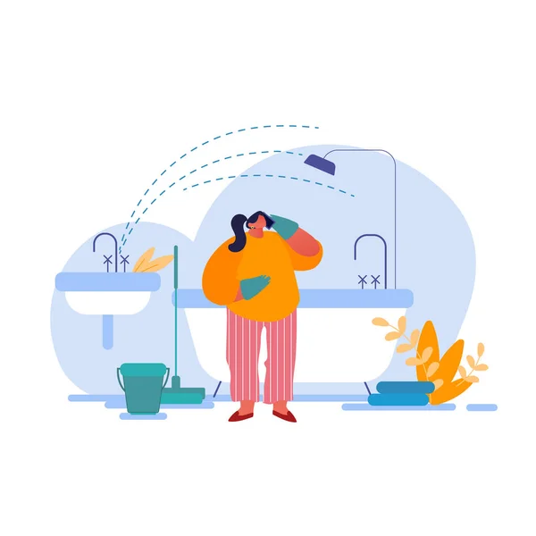 Sad Housewife Character in Rubber Gloves Need Plumbing Help with Broken Sink Pipe Accident in Bathroom Call to Handyman Service Company Order. Woman Put Bucket to Leakage. Cartoon Vector Illustration — Stock Vector