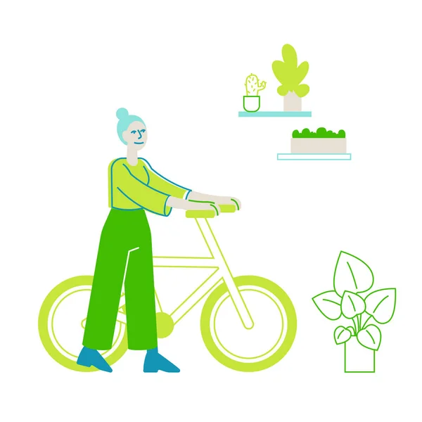 Escritório ecológico verde, conceito de ambiente natural. Empresária montando no trabalho em bicicleta de transporte ecológico, personagem feminina trabalhando no lugar com muitas plantas. Ilustração Linear do Vetor — Vetor de Stock