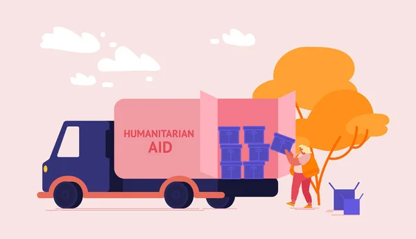 Personagem Voluntário Descarregando Caixas de Ajuda Humanitária de Doação. Distribuição de Alimentos e Necessidades Básicas para Refugiados, Pessoas Pobres em Necessidades e Grupos Sociais Vulneráveis. Desenhos animados Vector Ilustração —  Vetores de Stock