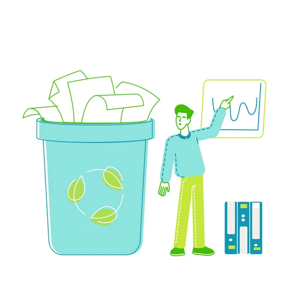 Man Performing Growing Arrow Chart with Statistics Information of Using and Recycling Paper Waste. Data Graph Garbage Segregation and Reduce Earth Pollution, Deforestation. Linear Vector Illustration — Stock vektor