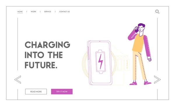 Wireless Pad for Induction Charging Landing Page Template. Male Character Speaking by Mobile Phone near Huge Wifi Accessory for Smartphone Poor Level Battery Charge. Linear People Vector Illustration — Stock vektor