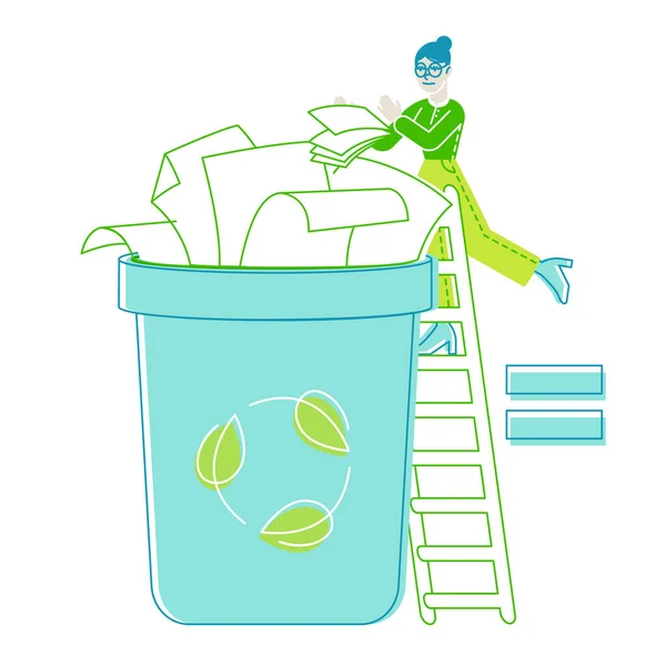 Carácter femenino arroja basura de papel en el contenedor de la papelera con signo de reciclaje. Protección Ecológica, Problema de Contaminación de la Tierra. Mujer Eco Activista, Solución de Reutilización de Residuos. Ilustración de vectores lineales — Archivo Imágenes Vectoriales