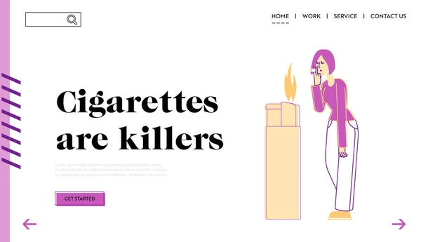 Health Care Social Problem, Lung Cancer Landing Page Template. Woman Light Cigarette from Huge Burning Lighter Enjoying Smoking. Female Character Nicotine Tobacco Addiction. Linear Vector Illustration — Stock vektor