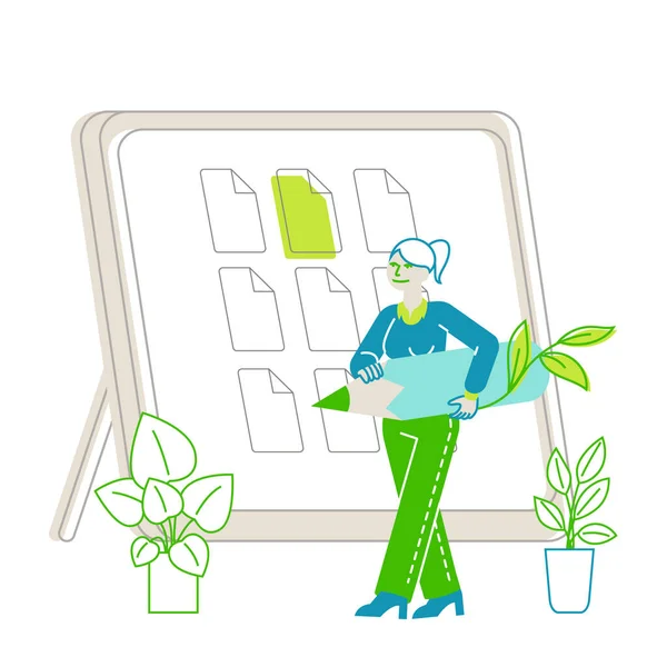 Femmes d'affaires travaillant chez Eco-Friendly Green Office Concept. Girl Carry énorme crayon en bois avec feuilles de plantes. Femme d'affaires travaillant dans un environnement d'entreprise respectueux de l'environnement. Illustration vectorielle linéaire — Image vectorielle