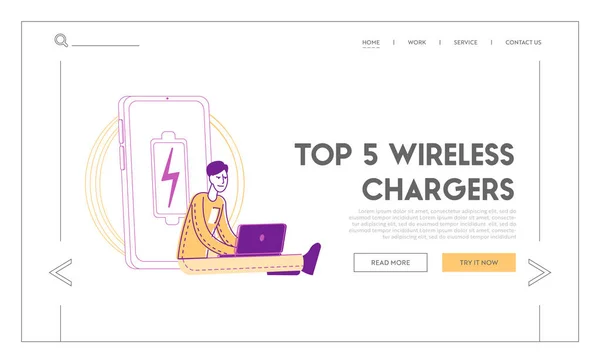 Man Use Electronic Equipment with Wifi Connection for Gadgets Landing Page Template. Mužské postavy Práce na notebooku sedí na obrovské nabíjení Smartphone s bezdrátovou nabíječkou. Lineární vektorová ilustrace — Stockový vektor