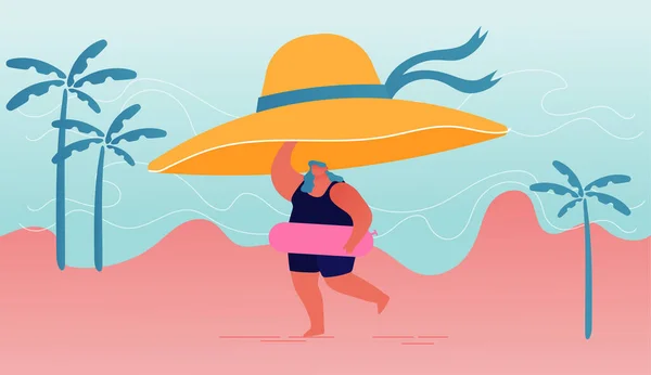 Happy Overweight Woman Character Wearing Inflatable Ring Holding Huge Tropical Hat in Hands Run along Summer Sandy Beach. Summertime Vacation, Holiday, Positive Thinking, Cartoon Vector Illustration — Stock vektor