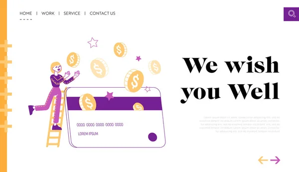 Programa de Descuento y Fidelidad Servicio al Cliente Plantilla de Landing Page. Mujer Caracter Stand on Ladder Ponga monedas de oro a la tarjeta de plástico. Puntos de recompensa y sistema de bonificación. Ilustración de vectores lineales — Vector de stock