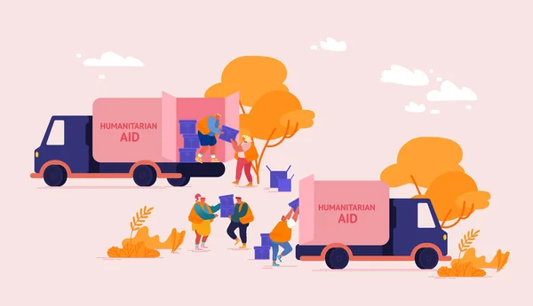 Equipe de Voluntários Personagens em Ajuda Humanitária Van Descarregar Caixas de Ajuda aos Refugiados de Caminhões. Ajuda Governamental a Pessoas em Necessidade Conceito, Assistência Material. Desenhos animados Vector Ilustração —  Vetores de Stock