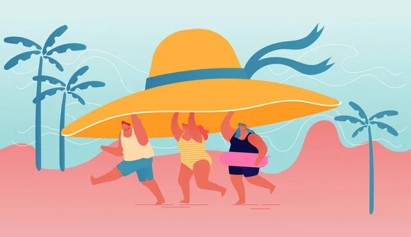 Sezon letni, koncepcja wakacyjna. Tiny People Carry Huge Tropical Hat Cieszący się wakacjami, relaks na plaży. Postacie grające na wybrzeżu egzotycznego kurortu. Ilustracja wektora kreskówek — Wektor stockowy