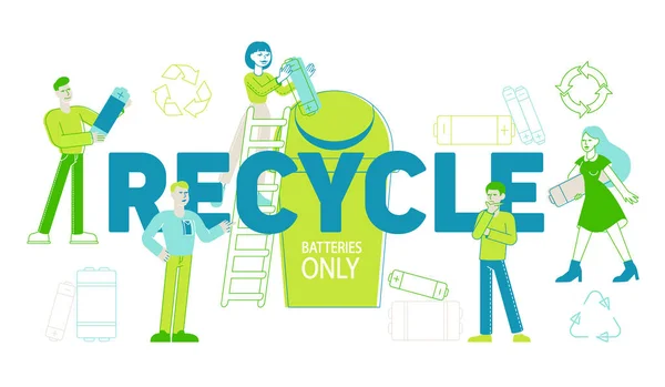 Accu Recycle Concept. Mensen karakter Zet batterijen prullenbak aan container, Verwijdering van afval, Schoon milieu, Ecologie Milieubehoud Affiche Banner Flyer. Lineaire vectorillustratie — Stockvector