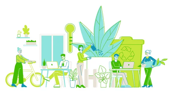 Grupo de Jóvenes Empresarios Trabajando Juntos en Oficina Moderna con Muchas Plantas Verdes. Personajes creativos con computadoras portátiles que utilizan tecnologías ecológicas para el trabajo, equipo exitoso. Ilustración de vectores lineales — Vector de stock