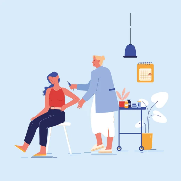 Vaccination Concept. Doctor Character Injecting Flu Shot Vaccine to Patient Arm. Young Woman Sitting in Medical Cabinet Apply Drug. Viruses and Disease Prevention. Cartoon People Vector Illustration — Διανυσματικό Αρχείο