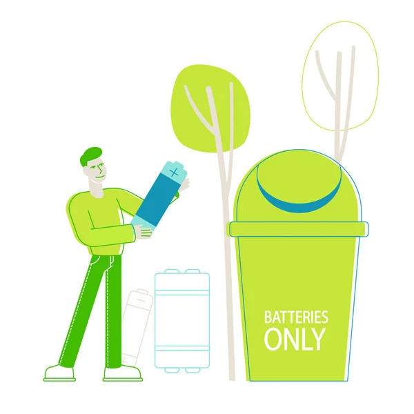 Male Character Remove Electrical Waste and Electronic Equipment. Tiny Man Throw Huge Battery to Special Litter Bin for Recycling and Trash Separation, Ecology Protection. Linear Vector Illustration — Stock vektor