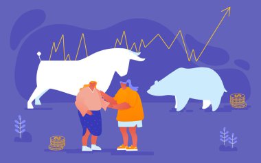 Borsa Borsası, Fon Borsası Konsepti. Büyük Veri Tablosu 'nun yanında Bull ve Bear Siluetleriyle çalışan iş kadınları. Yatırım, Bullish Point on Graph, Trend. Çizgi film Vektör İllüstrasyonu
