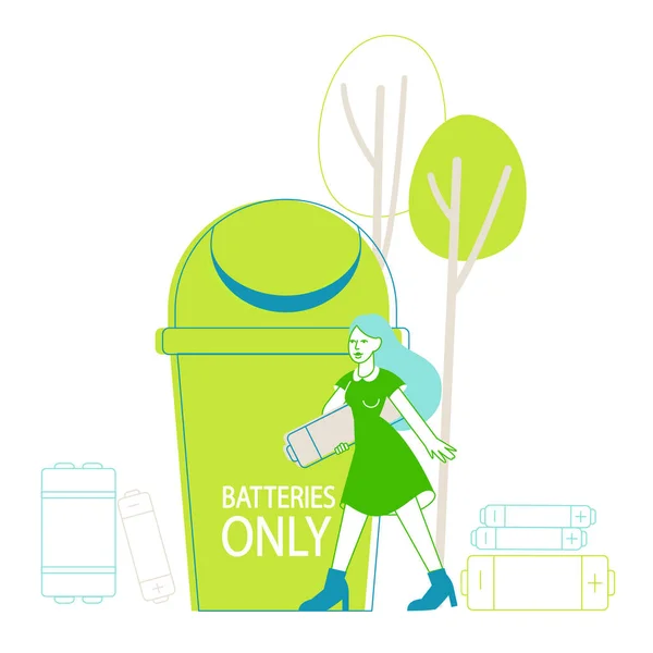 Sorting E-Waste, Garbage Segregation. Woman Character Carry Huge Battery for Recycling Electric Rubbish. Environment Protection, Reduce Earth Pollution Nature Protection. Linear Vector Illustration — Stock vektor