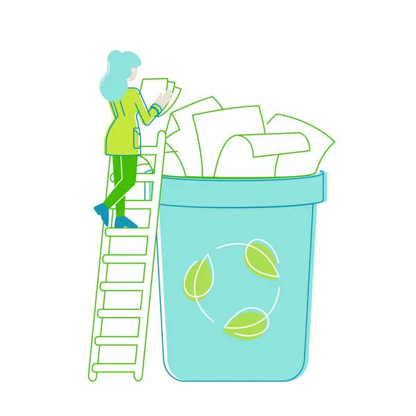 Tiny Female Character Throw Paper Garbage into Huge Litter Bin with Recycle Sign. City Dweller Collecting Trash. Waste Recycling, Pollution and Ecology Protection Concept. Linear Vector Illustration — Stock vektor