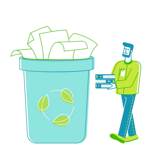 Man Volunteer Character Carry Pile of Old Used File Sheets Collecting Wastepaper Trash for Recycling and Reuse. Environmental Problem, Ecology Protection, Save Paper. Linear Vector Illustration — Stock vektor