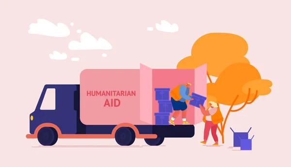 Personagens Voluntários Distribuem Caixas com Ajuda Humanitária. Distribuição de Alimentos e Necessidades Básicas para Refugiados, Pessoas Pobres em Necessidades e Grupos Sociais Vulneráveis. Desenhos animados Vector Ilustração —  Vetores de Stock