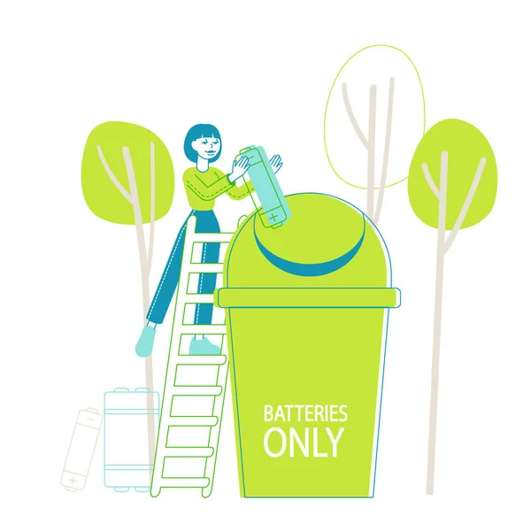 Woman on Ladder Put Huge Battery Garbage into Special Litter Bin for Recycle E-waste Rubbish, Sorting Waste and Segregation. Environment Protection, Reduce Earth Pollution. Linear Vector Illustration — Stock vektor