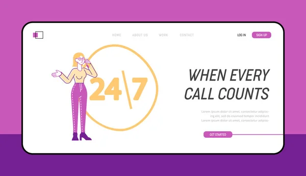 女性キャラクターカスタマーサポートサービスランディングページテンプレートのテクニカルレセプターへの呼び出し。コールセンターのホットラインコンサルタントとのガールクライアントチャット質問します。線形ベクトルイラスト — ストックベクタ