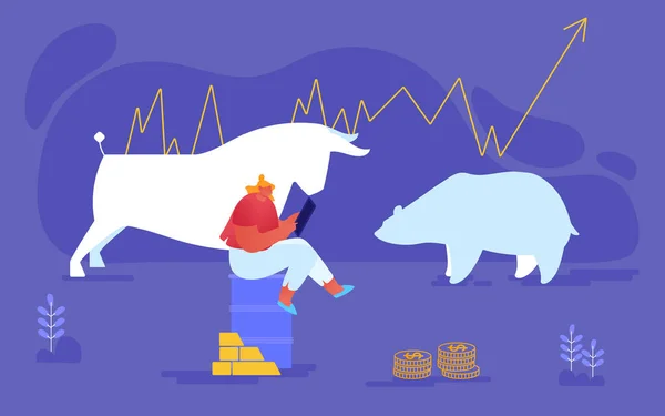 Businesswoman Karakter Duduk di Oil Barrel dengan Gold Bars and Coins on Bear and Bull Silhouettes, Trader Selling dan Buying Bonds, Currency and Metals on Stock Market. Ilustrasi Vektor Kartun - Stok Vektor