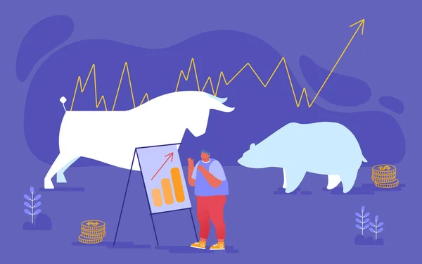 Businessman Character Analyze Fund Market Stand at Chartboard avec Growing Arrow Graph. Bulls and Bears, Currency and Bonds Investment, Stock Market Exchange and Trading. Illustration vectorielle de bande dessinée — Image vectorielle