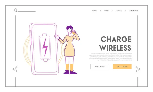 Cordless Electrical Device Landing Page Template. Female Character Speaking by Mobile Phone near Huge Wireless Pad for Induction Charging, Wifi Accessory for Smartphone. Linear Vector Illustration — Stock vektor