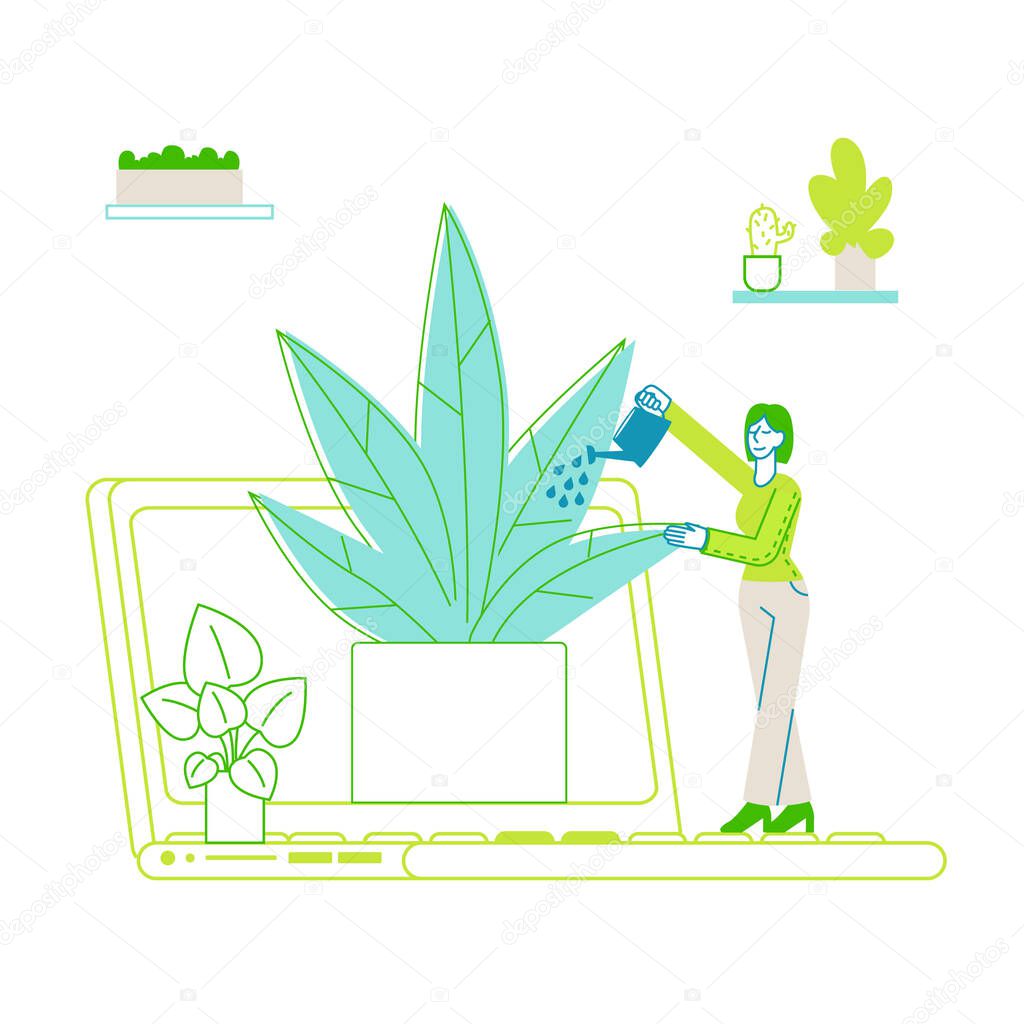 Woman Watering Potted Plant Stand on Huge Laptop Keyboard. Female Employee Character Care of Flowers in Room with Biophilic Design, Eco Friendly Environment Workspace. Linear Vector Illustration